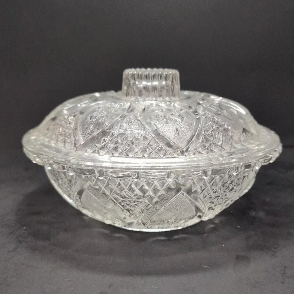 Pasari Indonesia Lidded Candy Dish, Hearts &‎ Flowers Pattern, Pressed Glass Jar